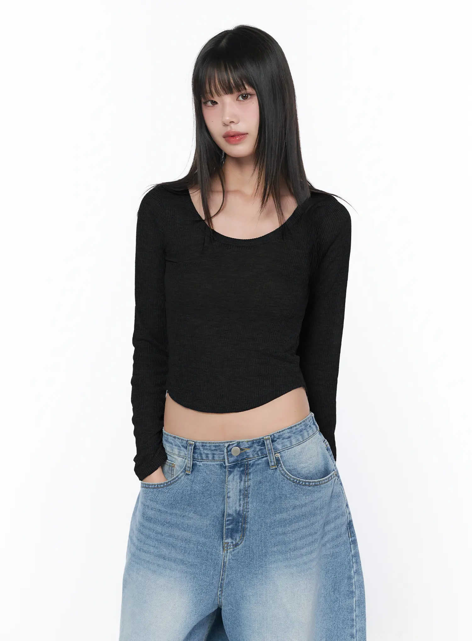 Sheer U-Neck Long Sleeve Top CA528 - Image 11