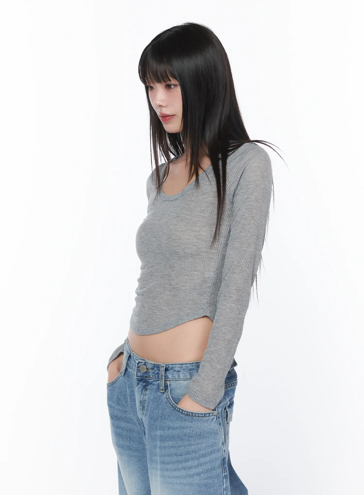 Sheer U-Neck Long Sleeve Top CA528 - Image 2