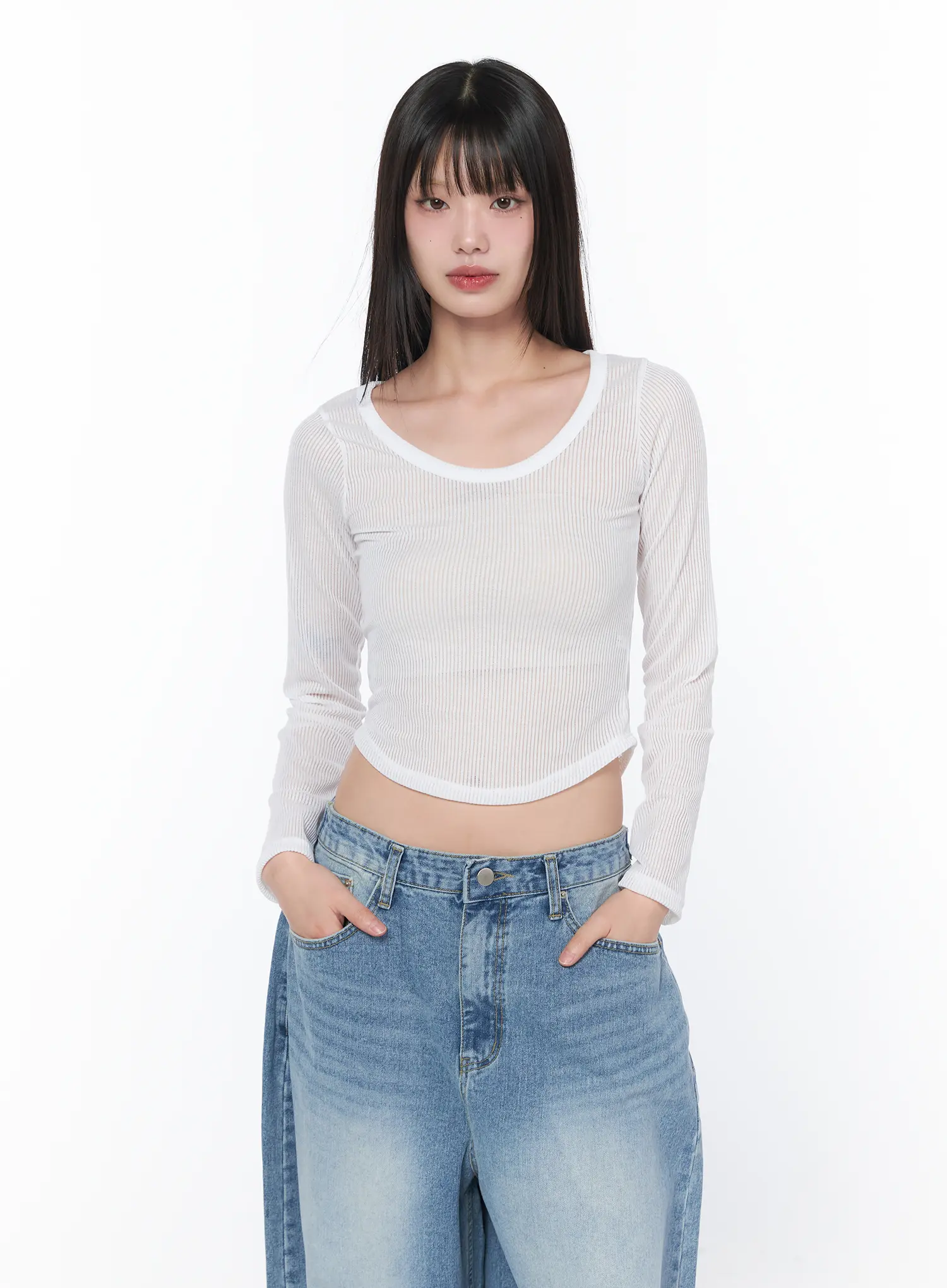 Sheer U-Neck Long Sleeve Top CA528 - Image 6
