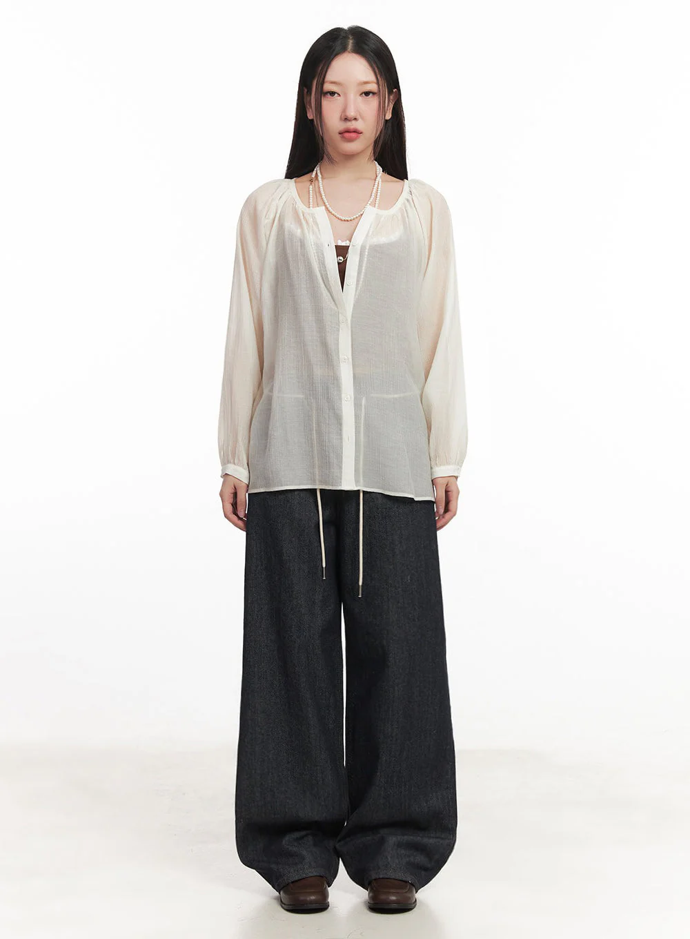 Shirred Sheer Buttoned Blouse IM528 - Image 4