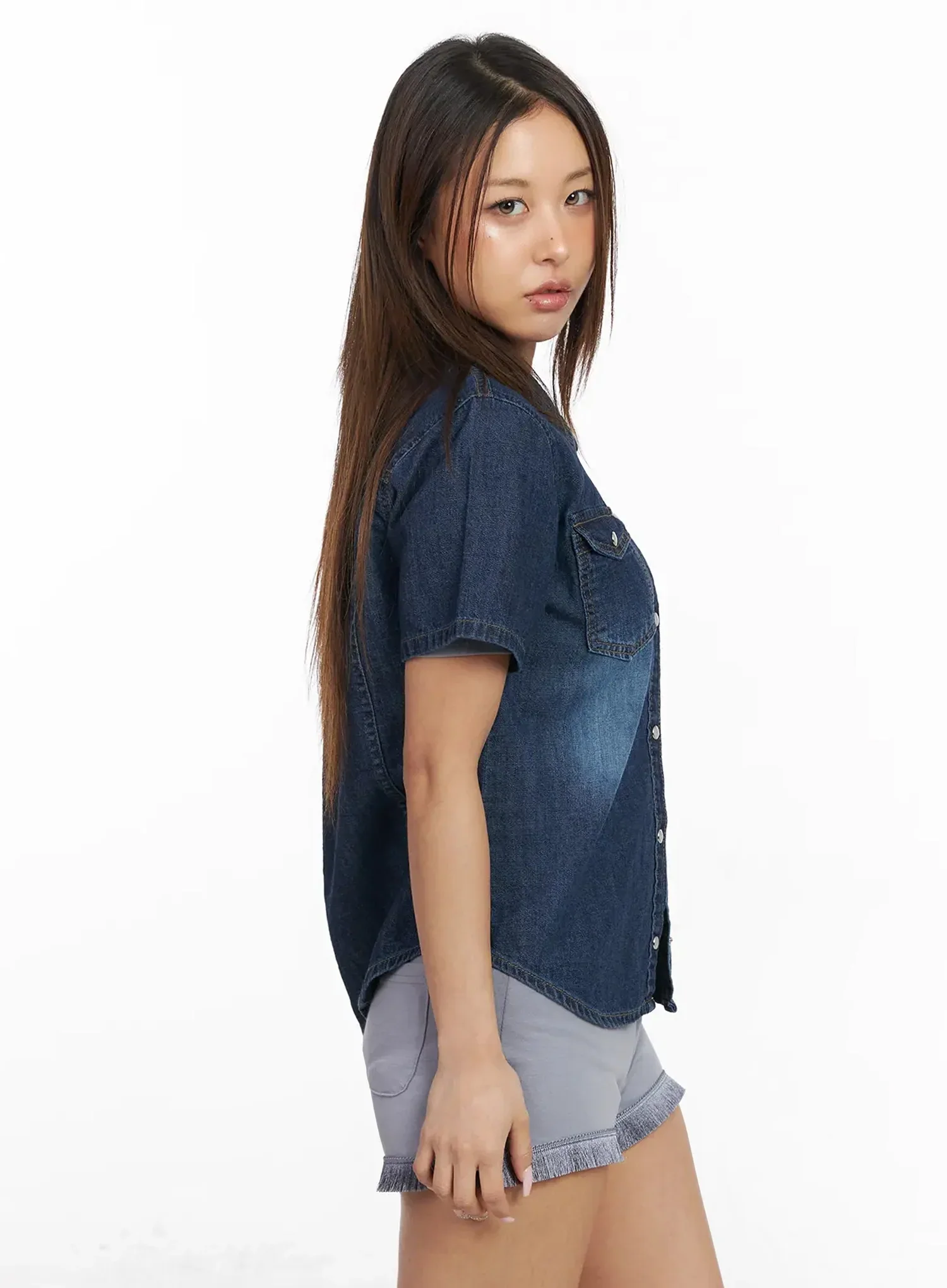 Short Sleeve Denim Button-Up Shirt IY501 - Image 8