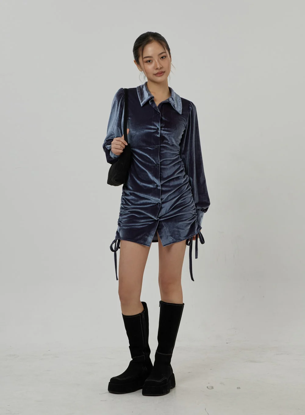 Side Tie Ruching Velvet Long Sleeve Mini Dress CD23 - Image 10