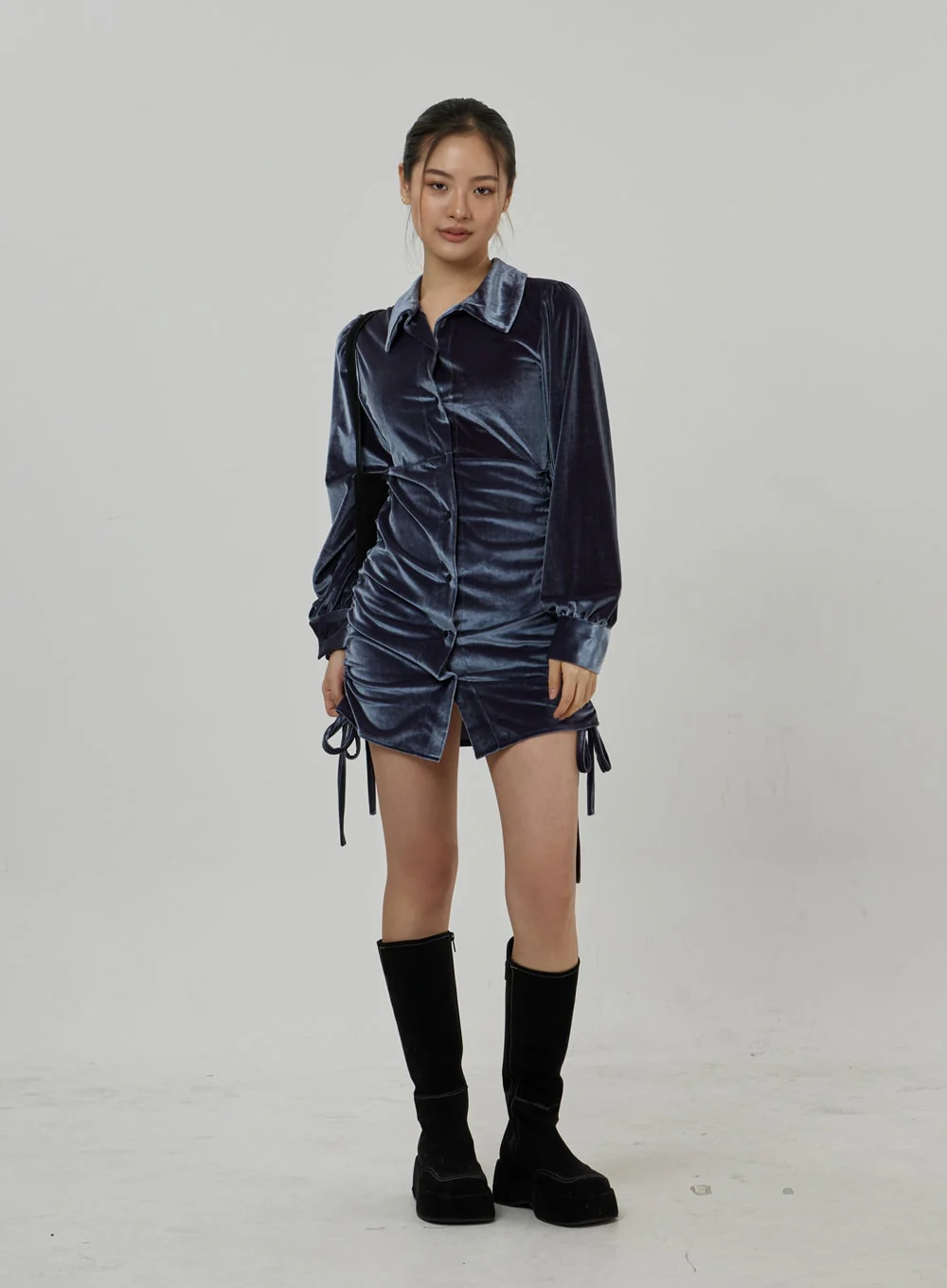 Side Tie Ruching Velvet Long Sleeve Mini Dress CD23 - Image 12