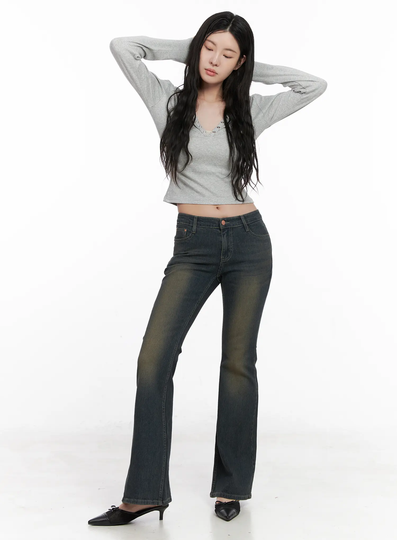 Soleil Hip Pad Stripe Flared Jeans CN512 - Image 5