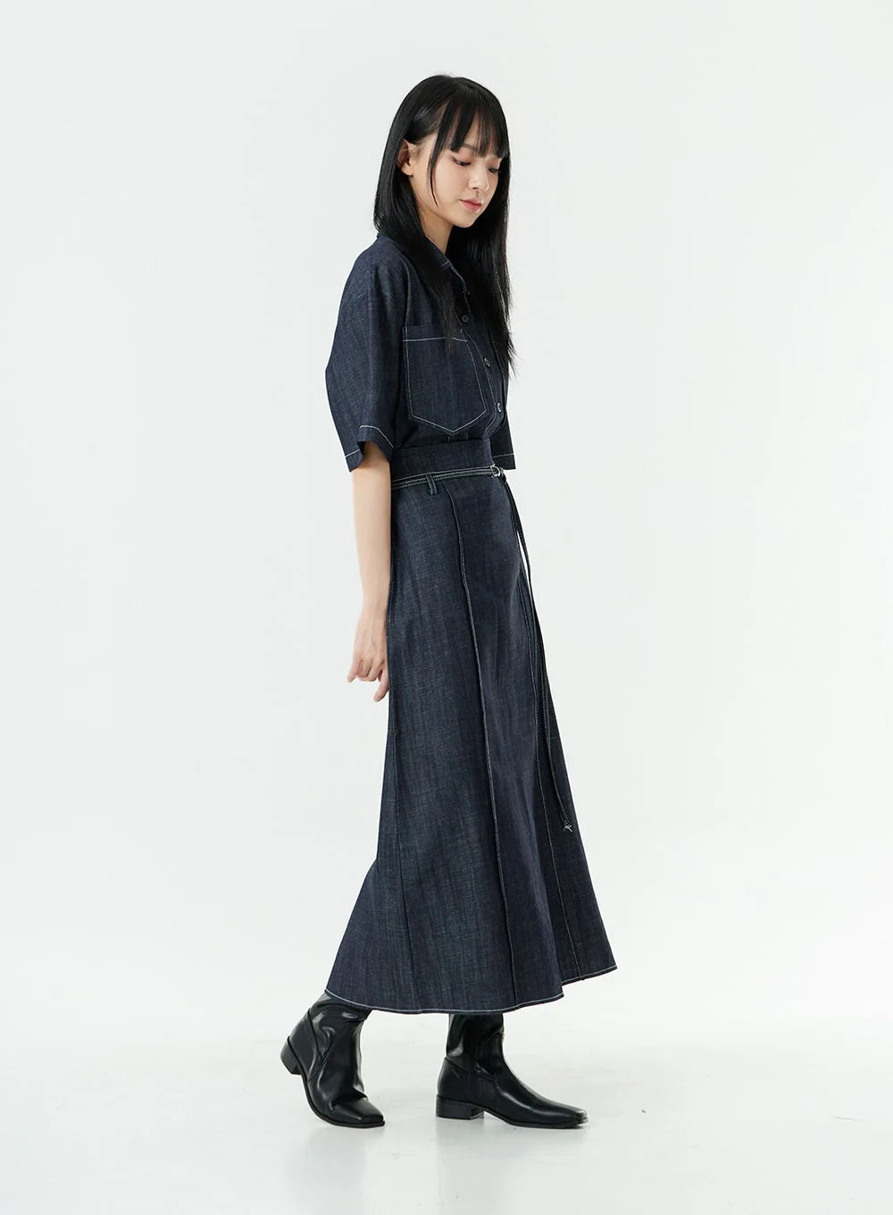 Stitch Denim Set-Up Long Skirt with Belt OG23 - Image 4