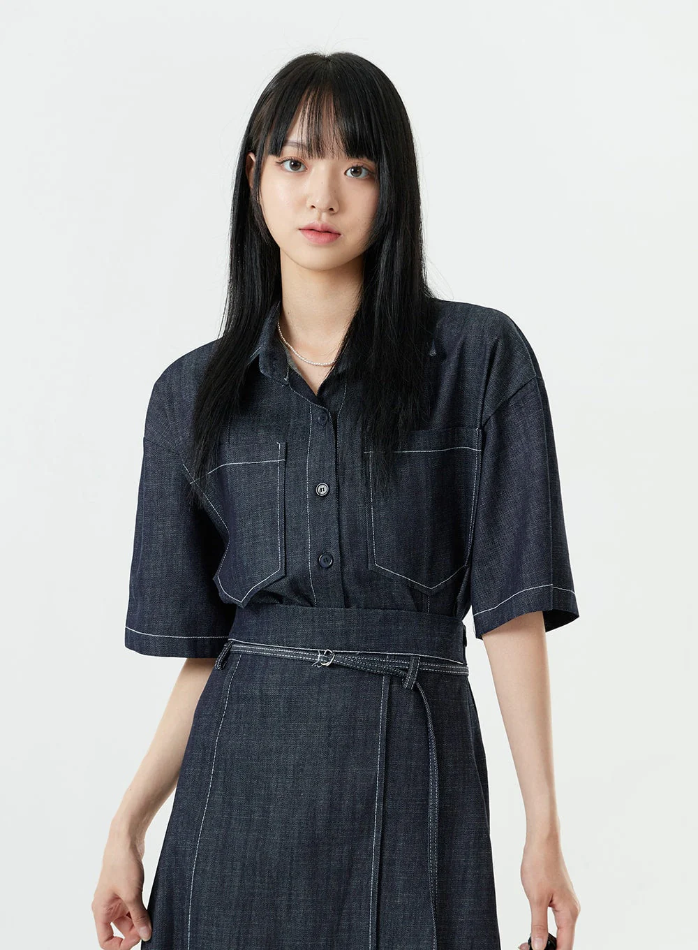 Stitch Denim Set-Up Long Skirt with Belt OG23 - Image 7