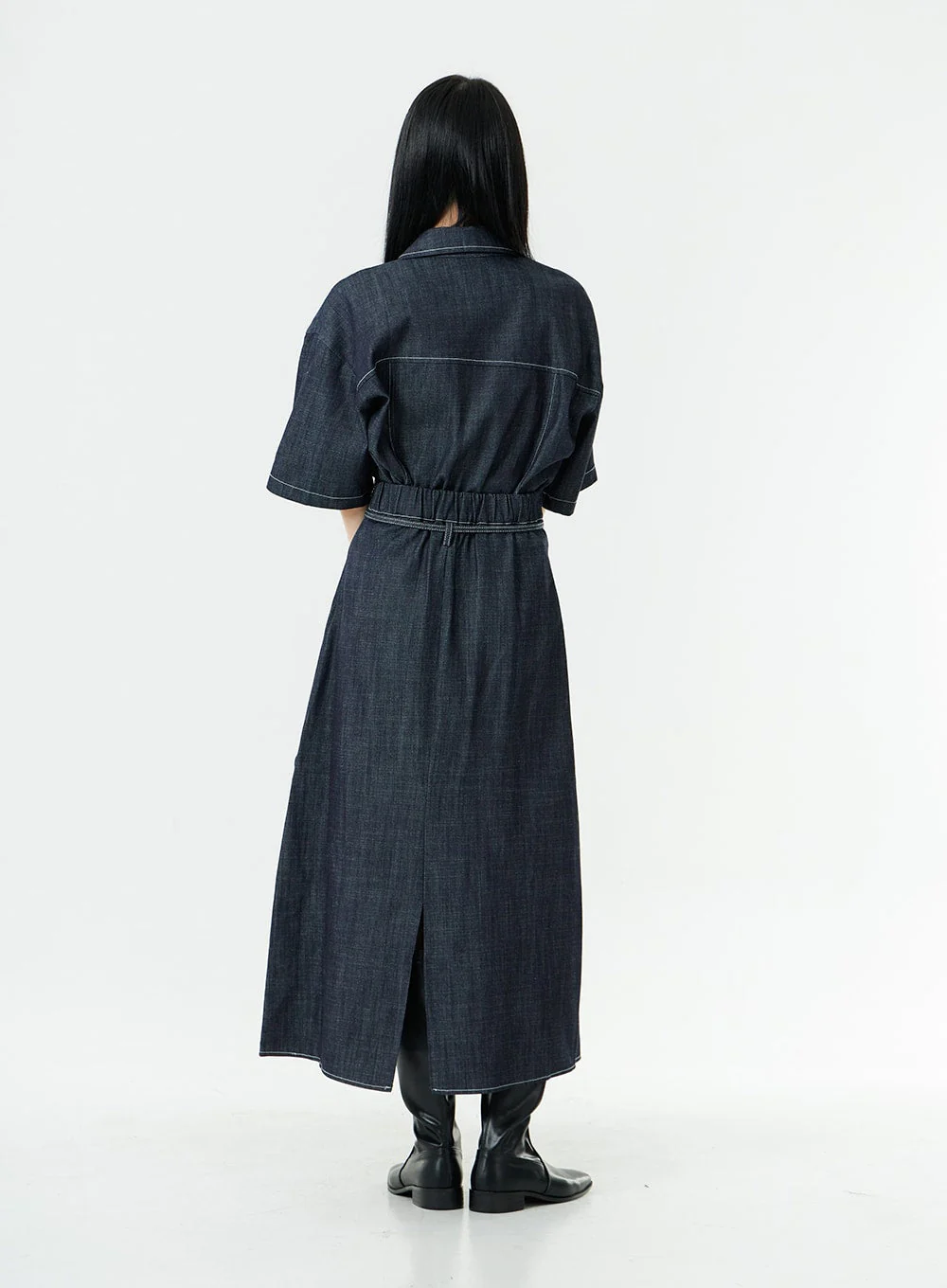 Stitch Denim Set-Up Long Skirt with Belt OG23 - Image 9