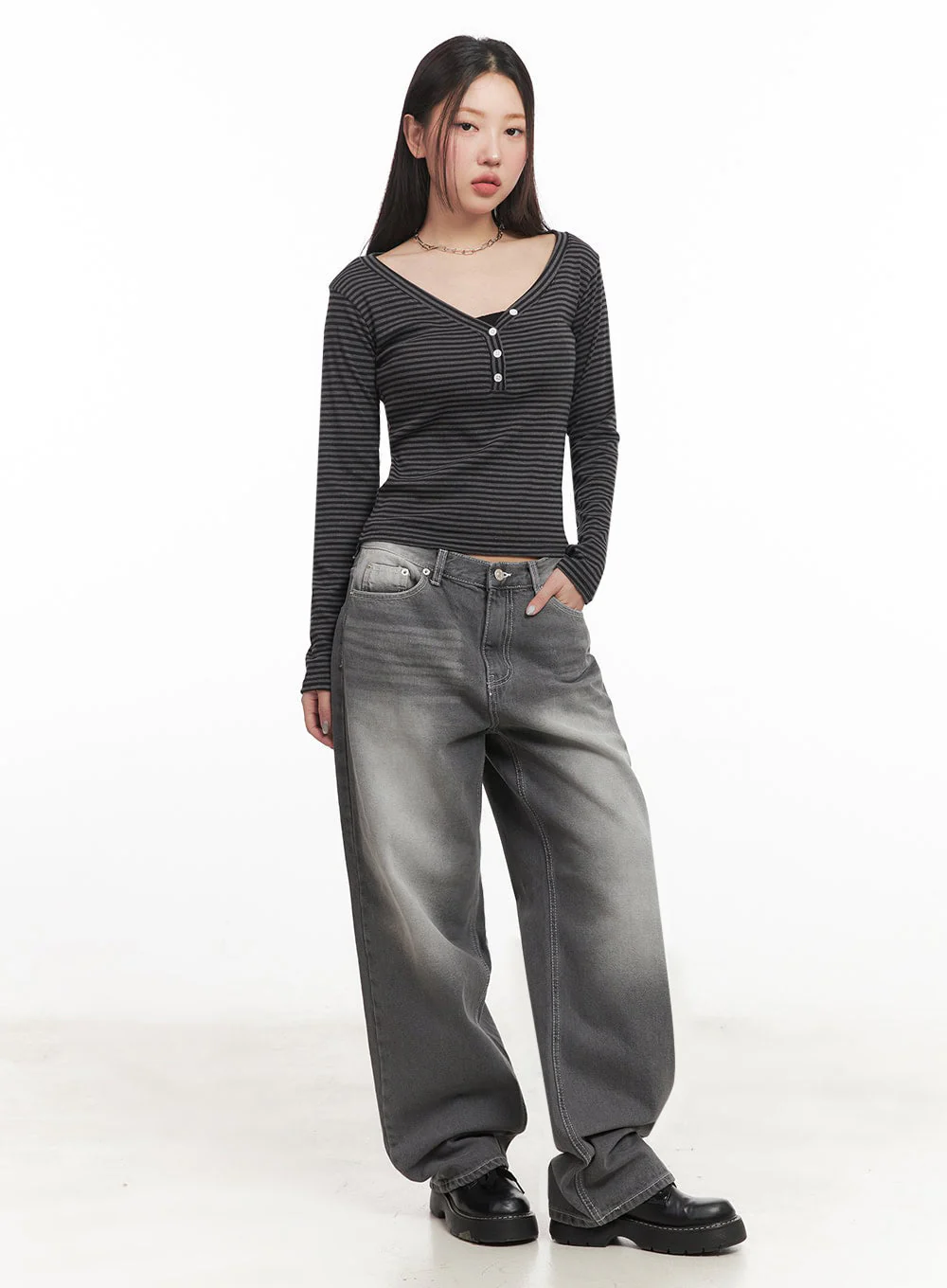 Stripe Buttoned Long-Sleeve Top IM524 - Image 2