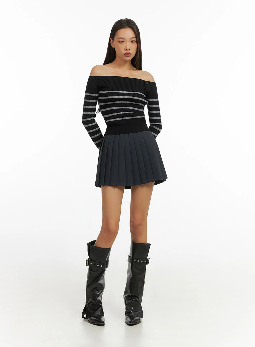 Stripe Buttoned Off-Shoulder Top IO409 - Image 12