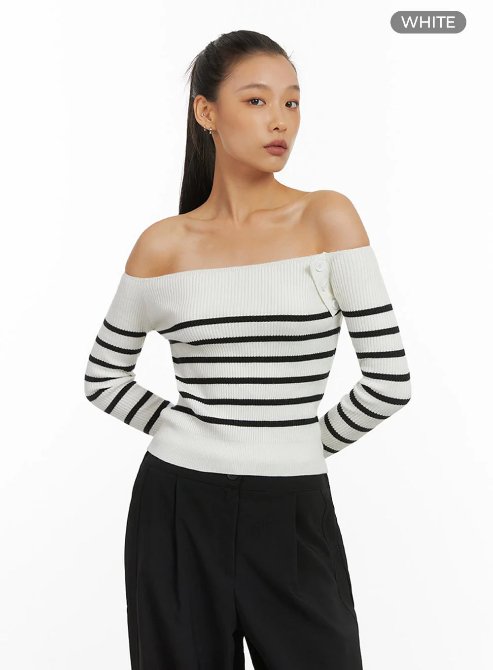 Stripe Buttoned Off-Shoulder Top IO409 - Image 14