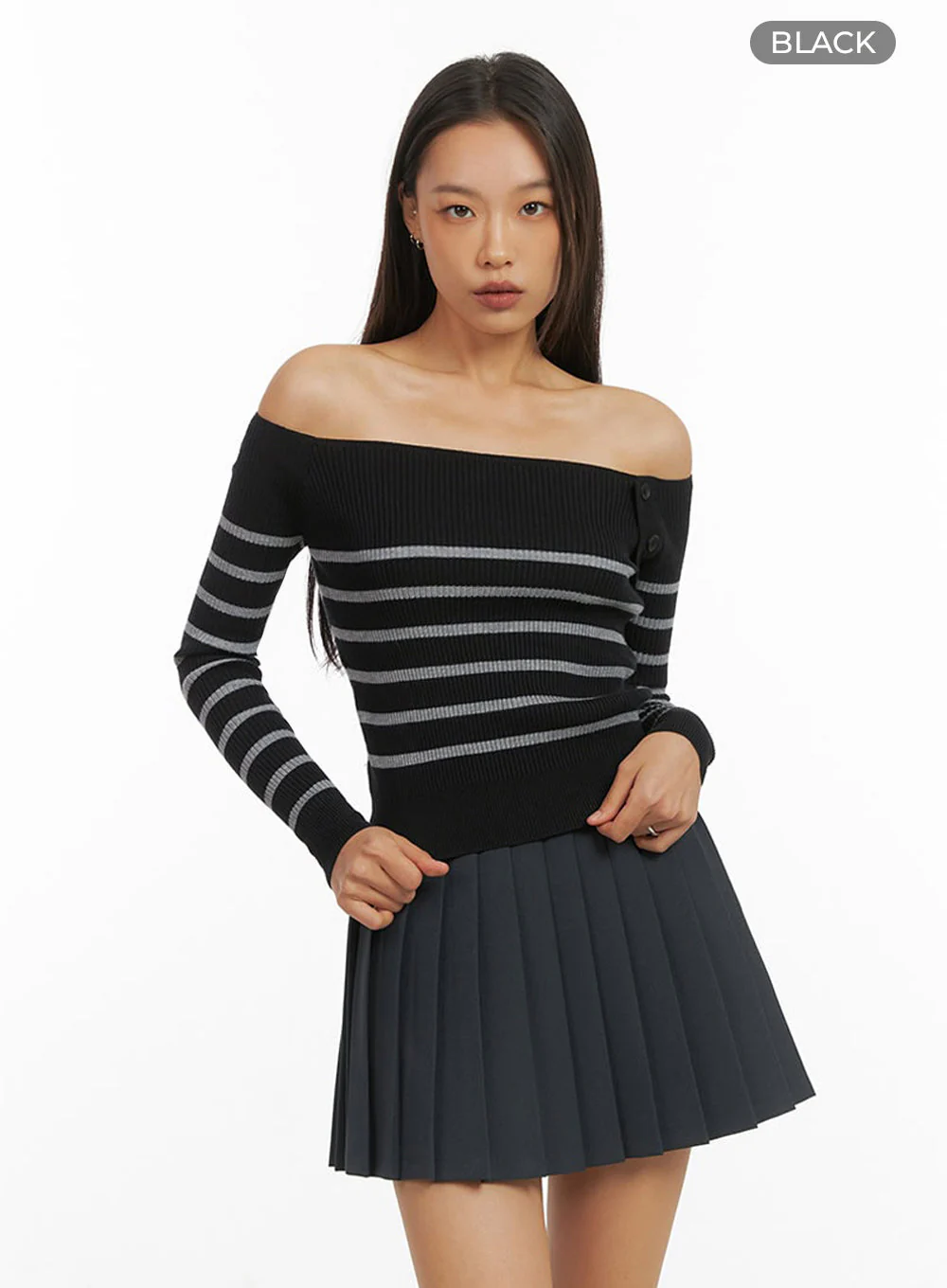 Stripe Buttoned Off-Shoulder Top IO409 - Image 15