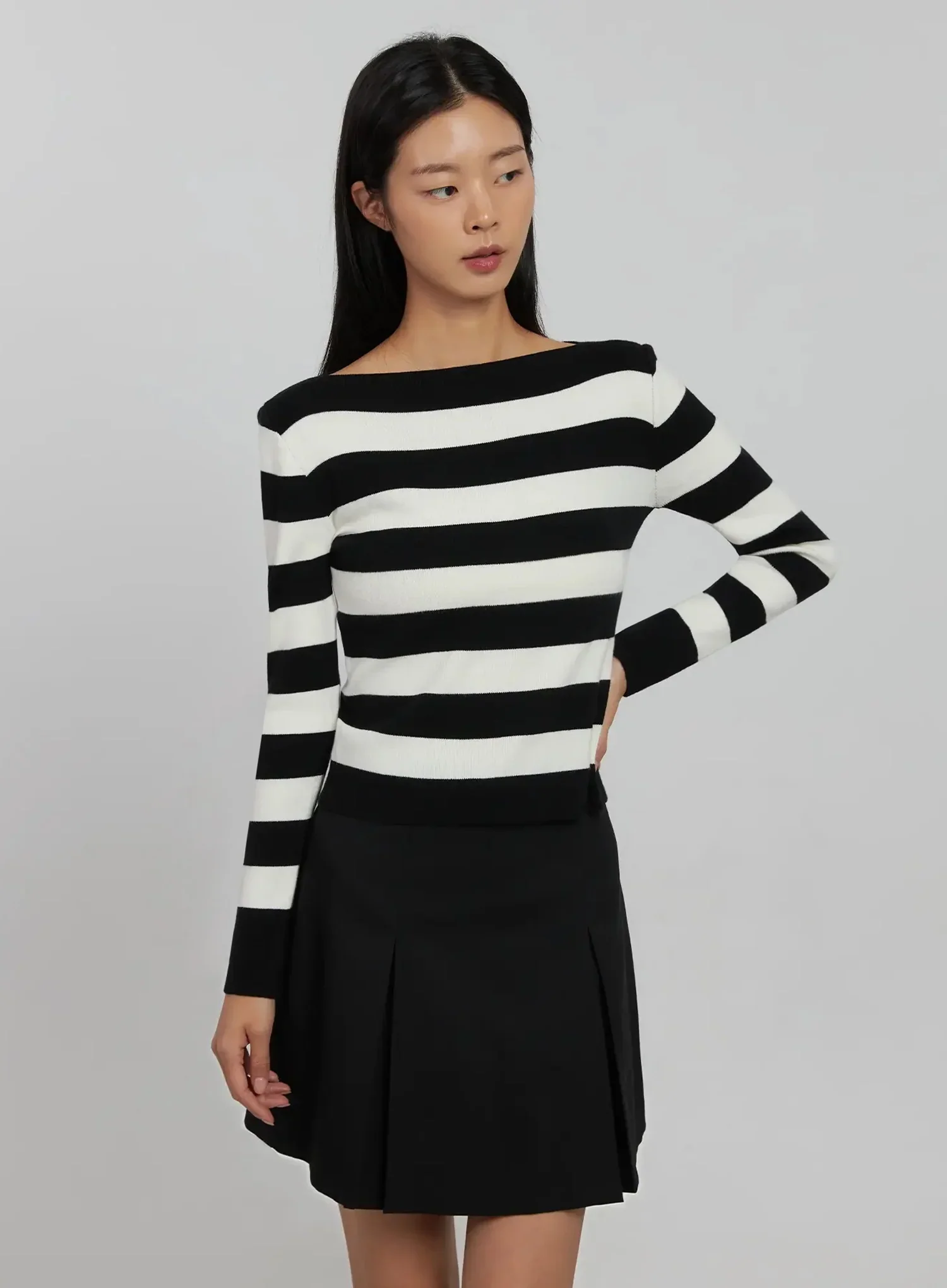 Striped Boat Neck Knit Top IJ508 - Image 4