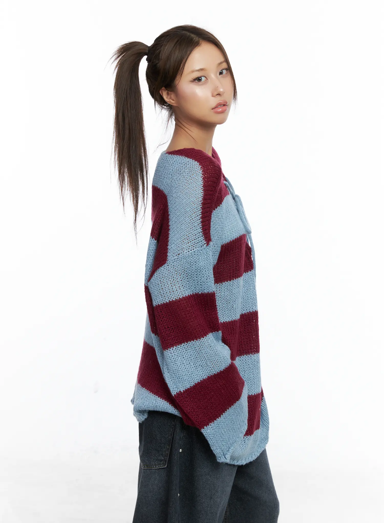 Striped Lace-Up Long-Sleeve Knit Top CS505 - Image 6