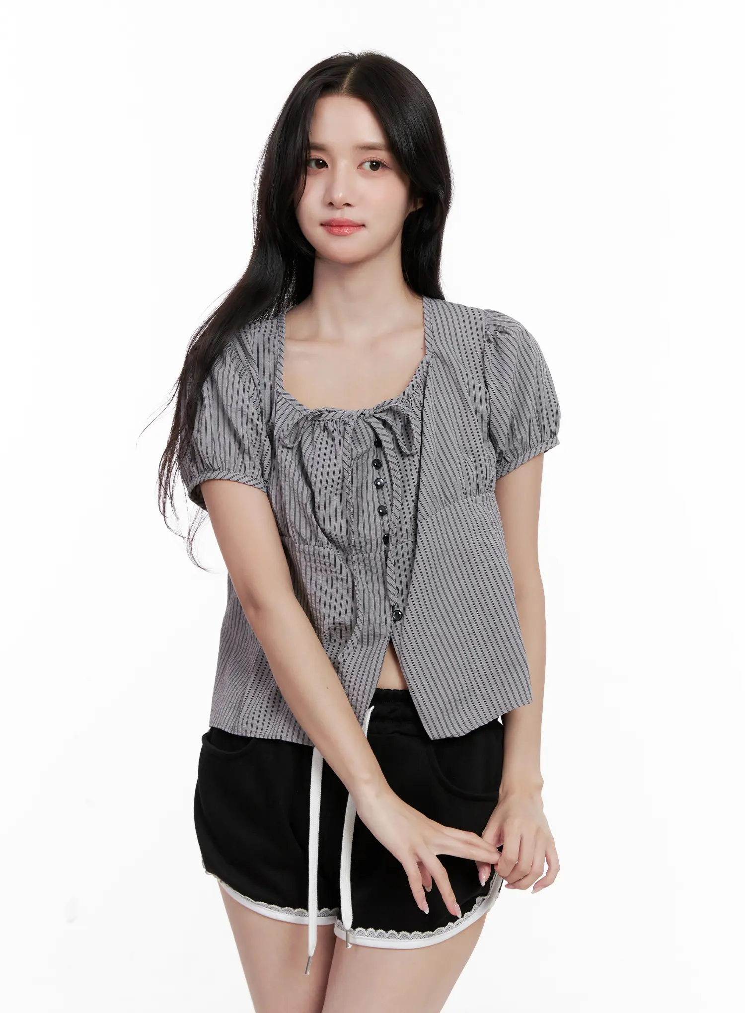 Striped Puff-Sleeve Ribbon Top CL516 - Image 5