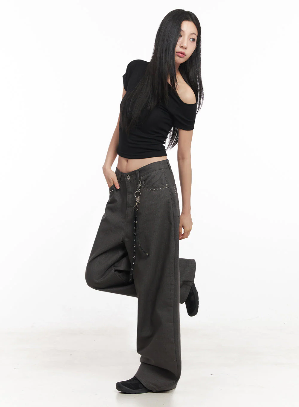 Studded Cotton Wide-Leg Pants IY516 - Image 10