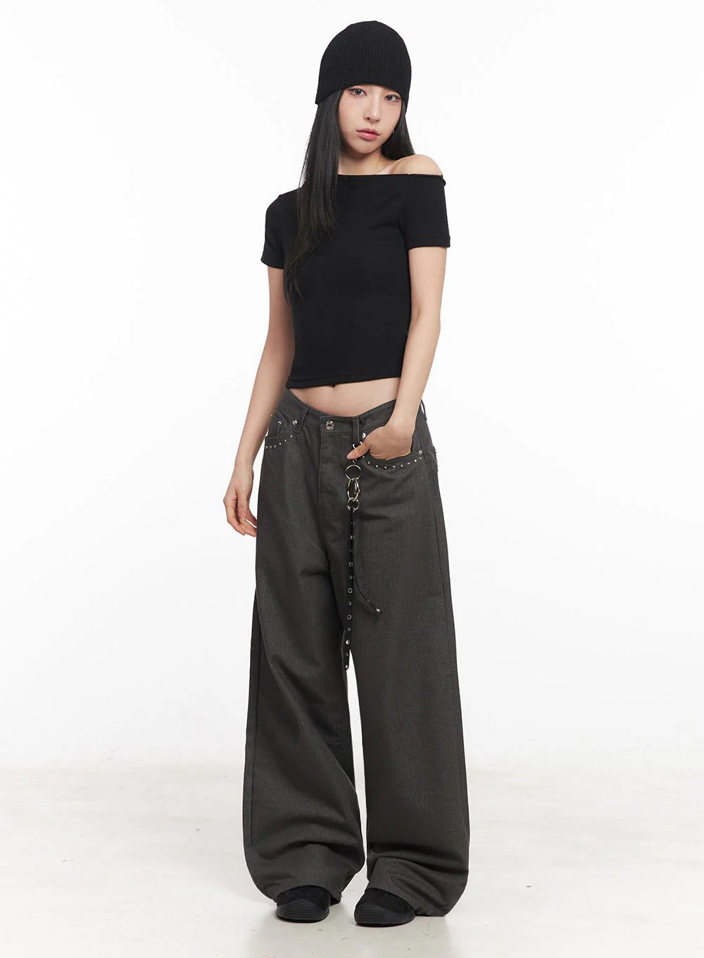 Studded Cotton Wide-Leg Pants IY516 - Image 2
