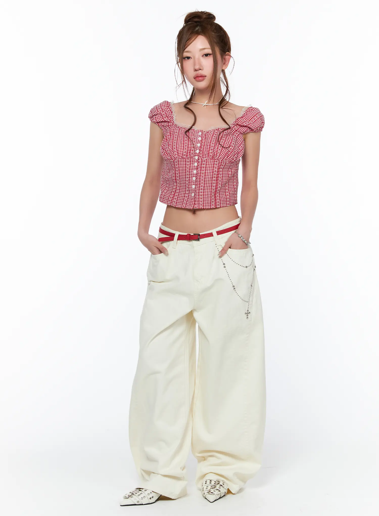 Studded Cross Chain Wide Pants CA514 - Image 3