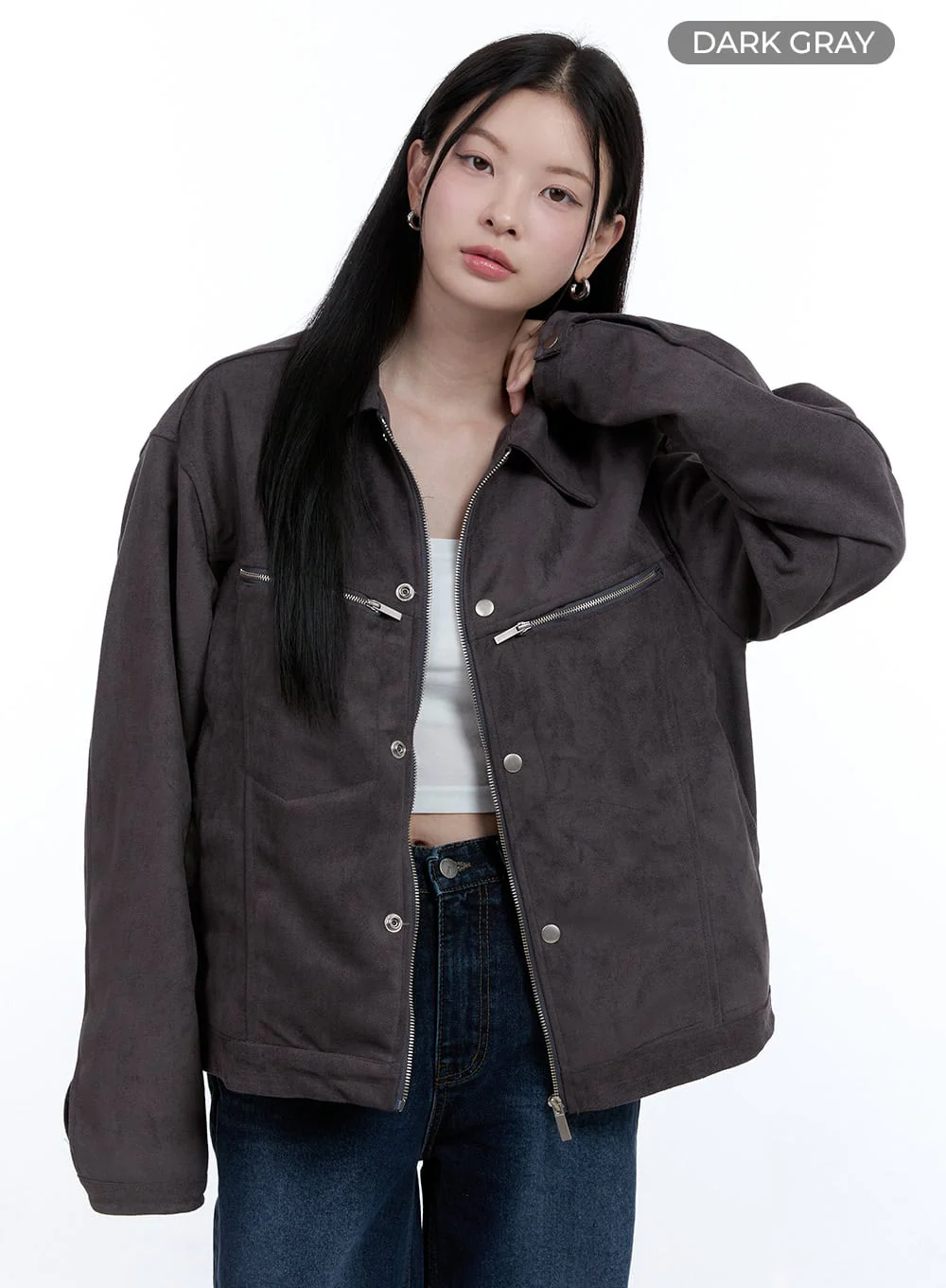 Suede Collar Zip-Up Jacket OO429 - Image 9