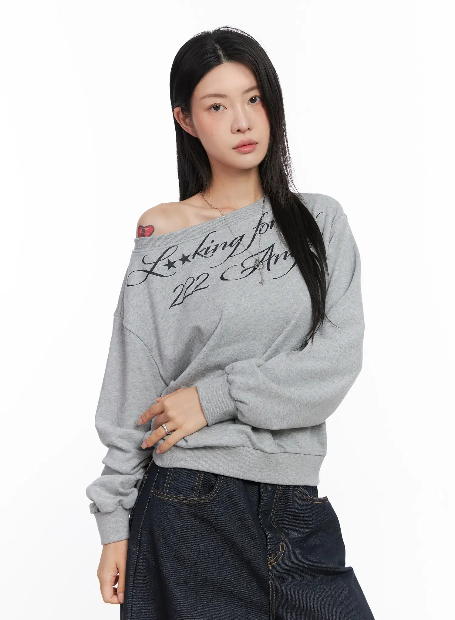 Text Print Off-Shoulder Sweatshirt CO508 - Image 8