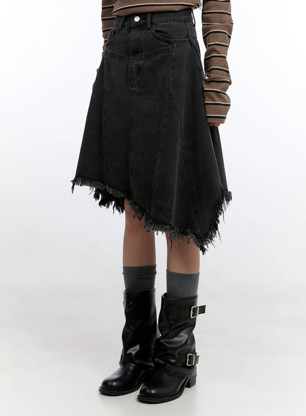 Unbalanced Washed Denim Midi Skirt CN401