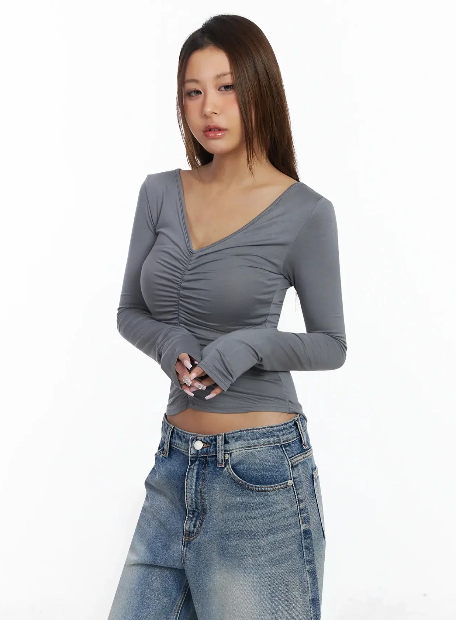 V-Neck Shirred Long Sleeve Top IA527 - Image 3