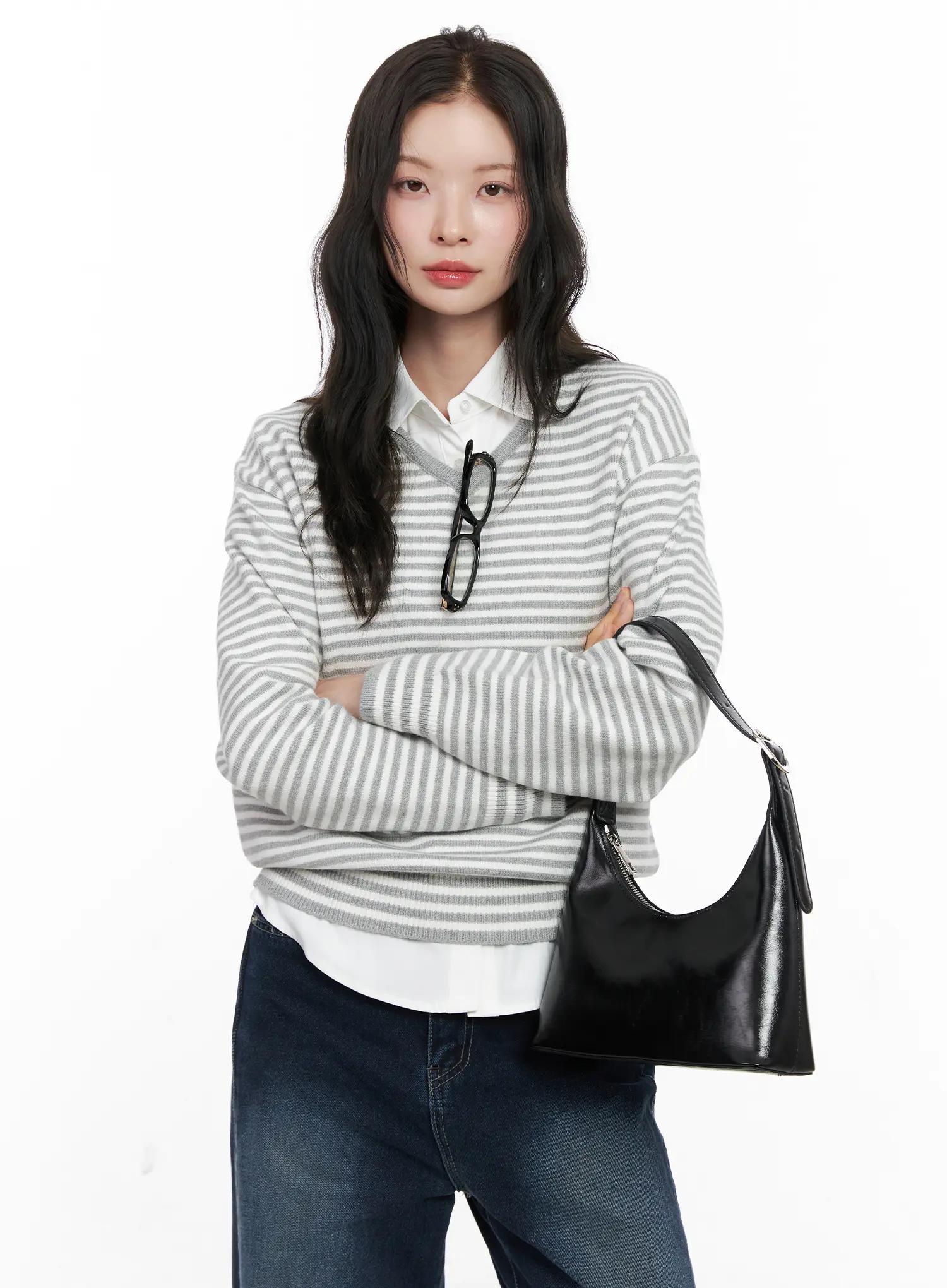 V-Neck Striped Knit Sweater CO531