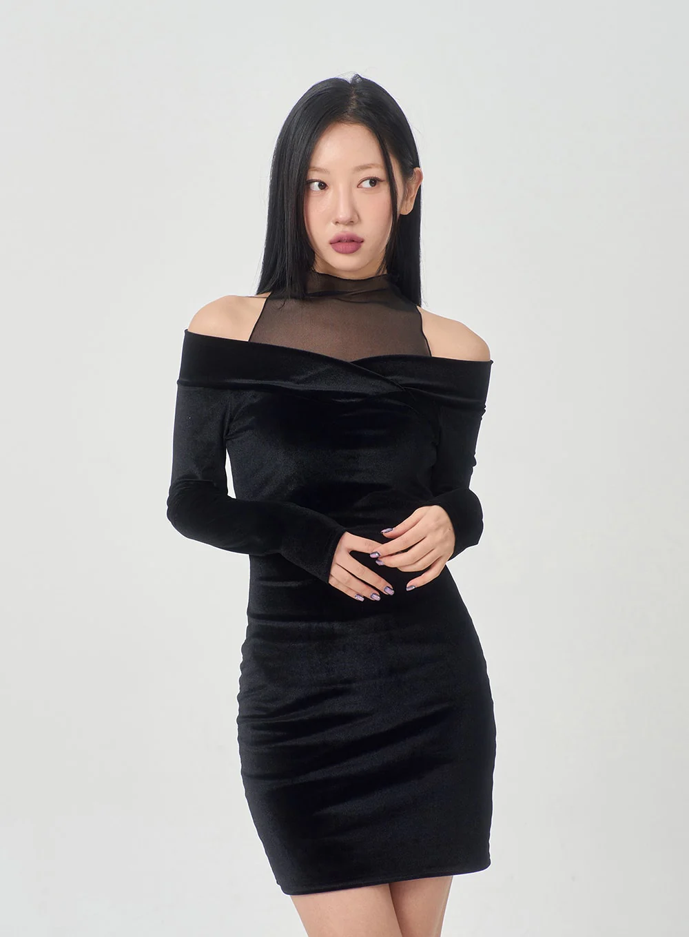 Velvet Off-Shoulder Mesh Neck Mini Dress BD23 - Image 10