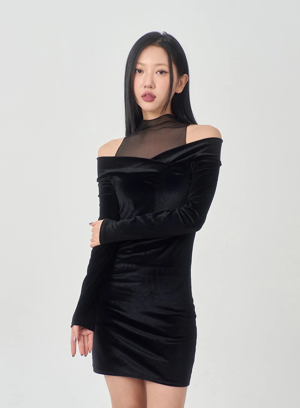 Velvet Off-Shoulder Mesh Neck Mini Dress BD23 - Image 16