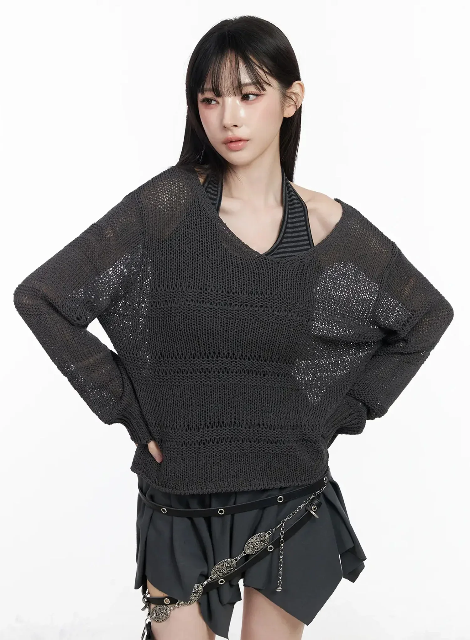 versized V-Neck Knit Sweater IY511 - Image 14