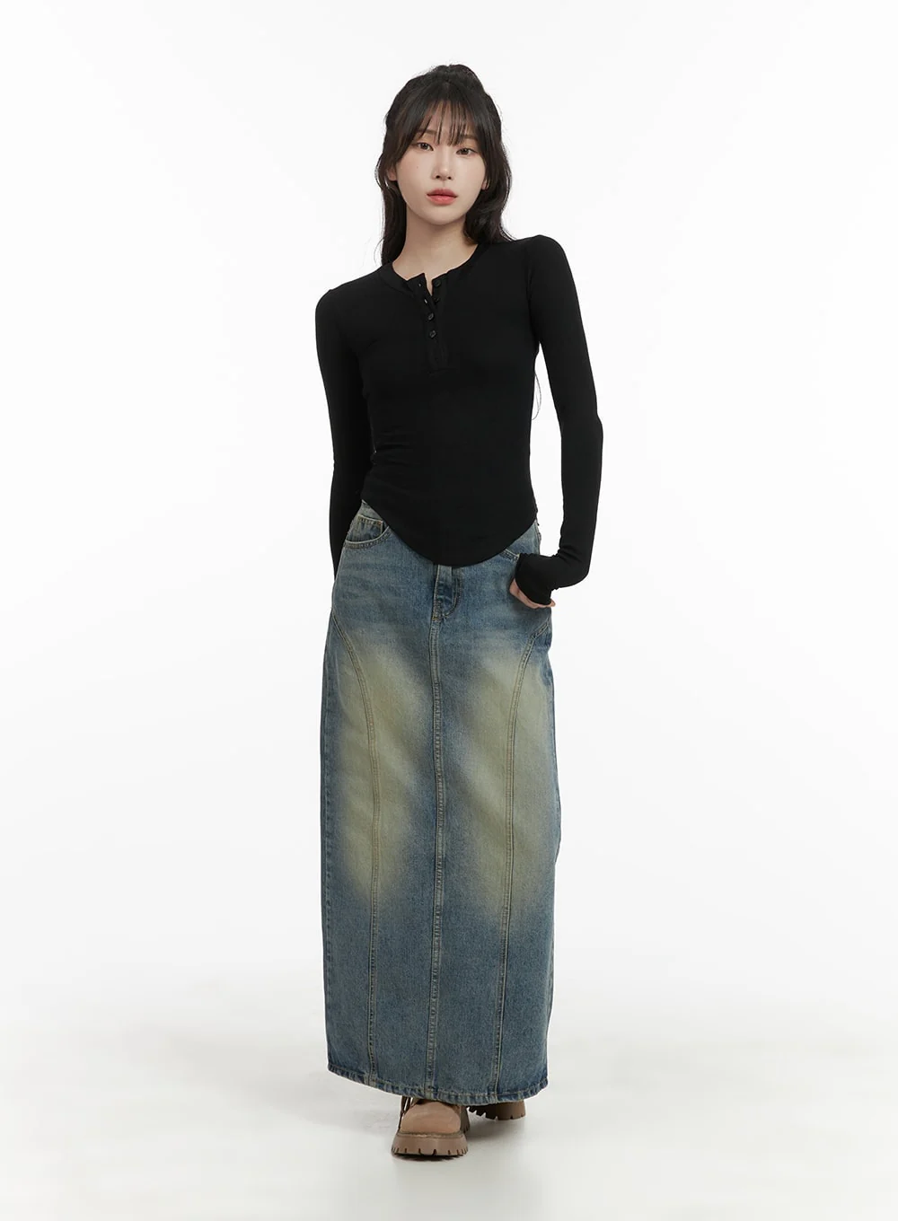 Vintage Washed Denim Maxi Skirt CA403 - Image 2