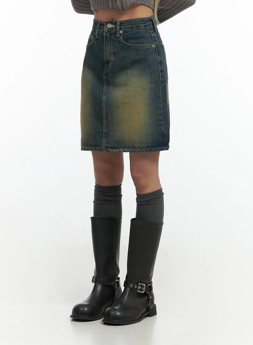 Washed Denim Cotton Midi Skirt CO415