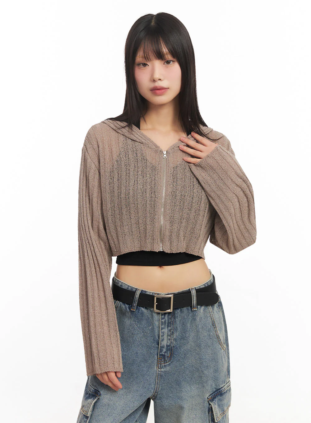 Zip-Up Sheer Hooded Cardigan IA528 - Image 6