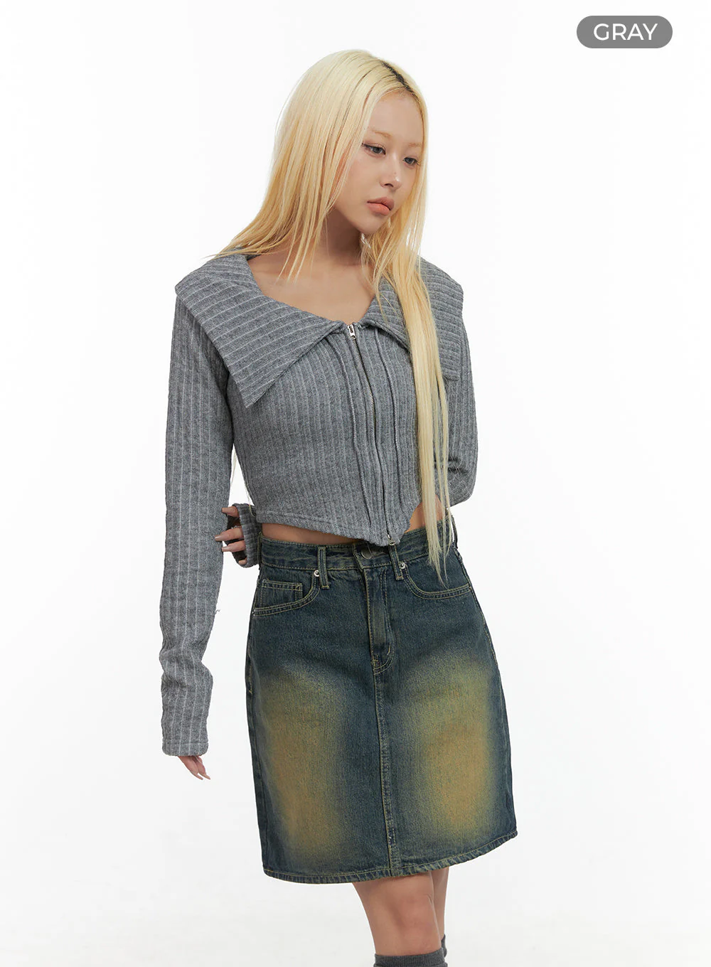 Zipper Chic Collared Crop Top CO415 - Image 9
